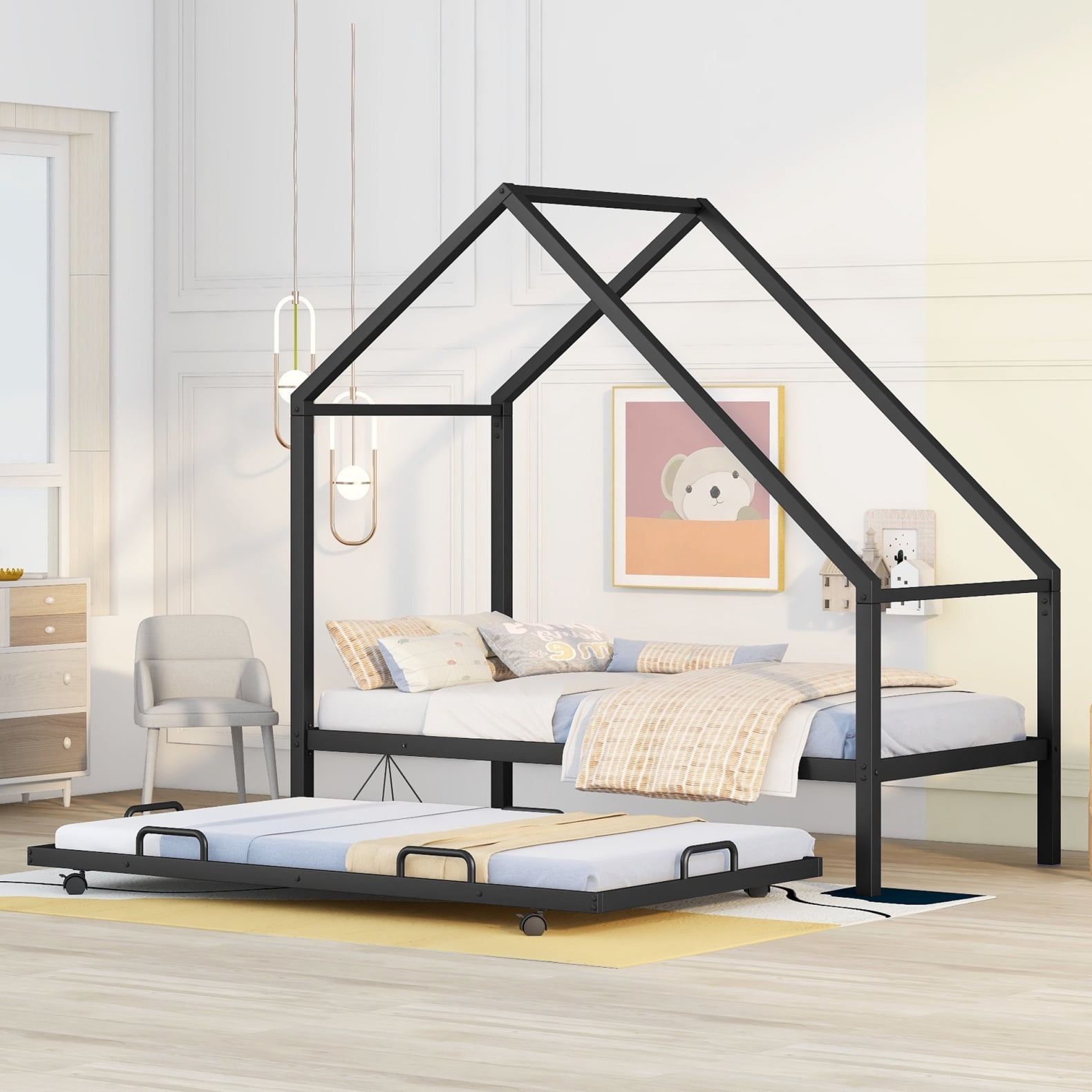 House Twin Bed with Trundle Kids Metal Bed Frame Twin Playhouse