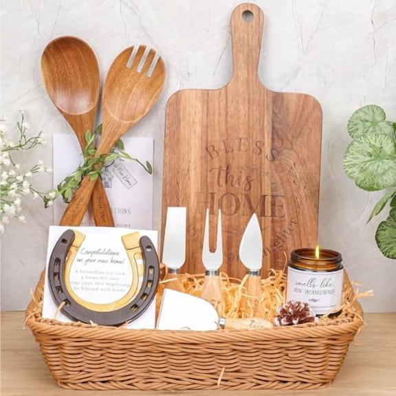 House Warming Gifts New Home,Acacia Wood Cheese Board Set, Candle, Salad Spoon & Fork, Horseshoe, Cheese Knives, Rattan Basket,Gifts for Home Buyers, First Home Gift Ideas, New Apartment
