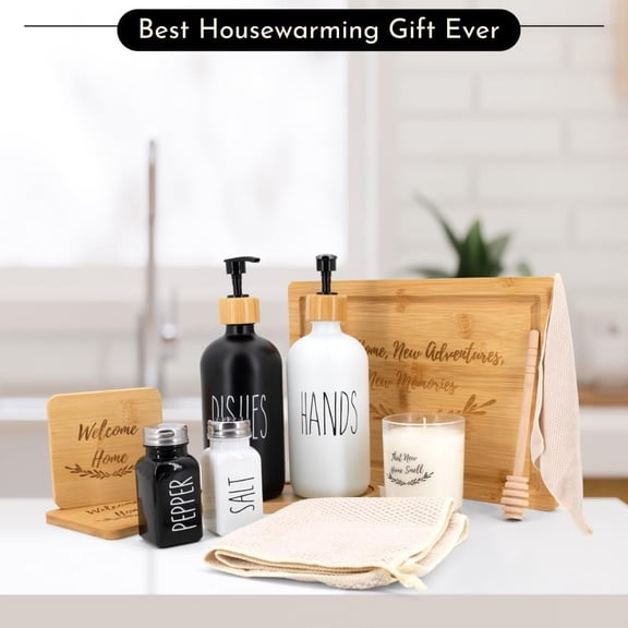 House Warming Gifts New Home Home Essentials for New Home Gift Set Includes Scented Candle, Bamboo Cutting Board, Soap Set, Towels, Salt and Pepper Shaker Luxury New House Must Haves
