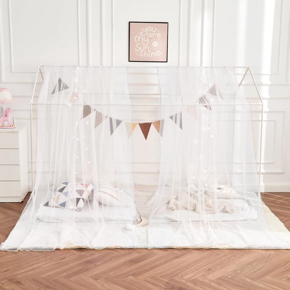 House White Bed Canopy with Lights, Princess Sheer Canopy Bed Curtain for Girls Kids Room Decor, Twin Bed Canopy Scarf Curtains (2 Panel)