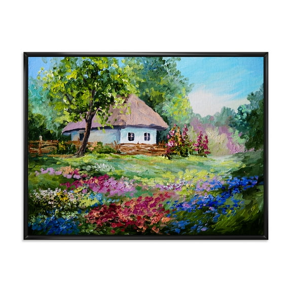 House With Blossoming Flowers On The Mountain I 20 in x 12 in Framed Painting Canvas Art Print, by Designart