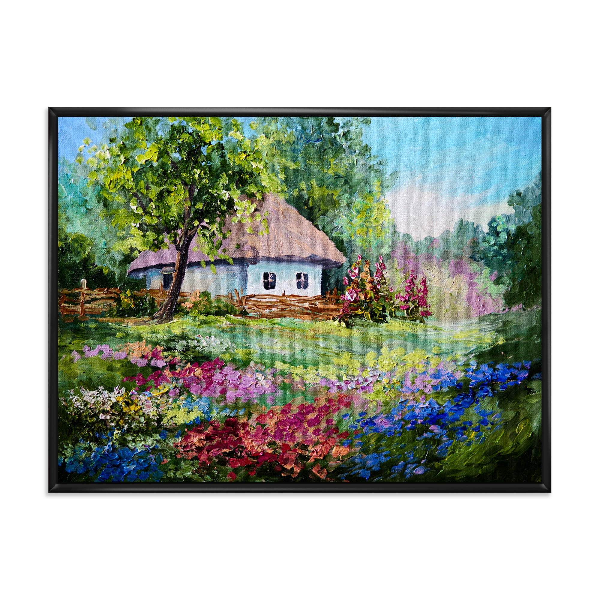 House With Blossoming Flowers On The Mountain I 32 in x 24 in Framed Painting Canvas Art Print, by Designart