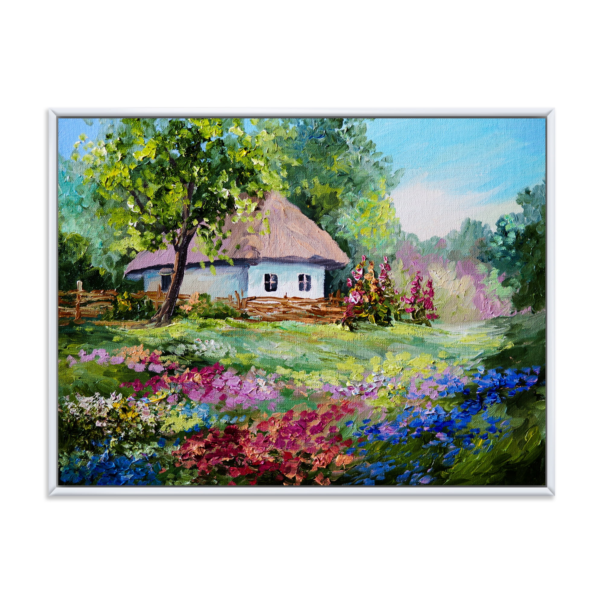 House With Blossoming Flowers On The Mountain I 32 in x 24 in Framed Painting Canvas Art Print, by Designart
