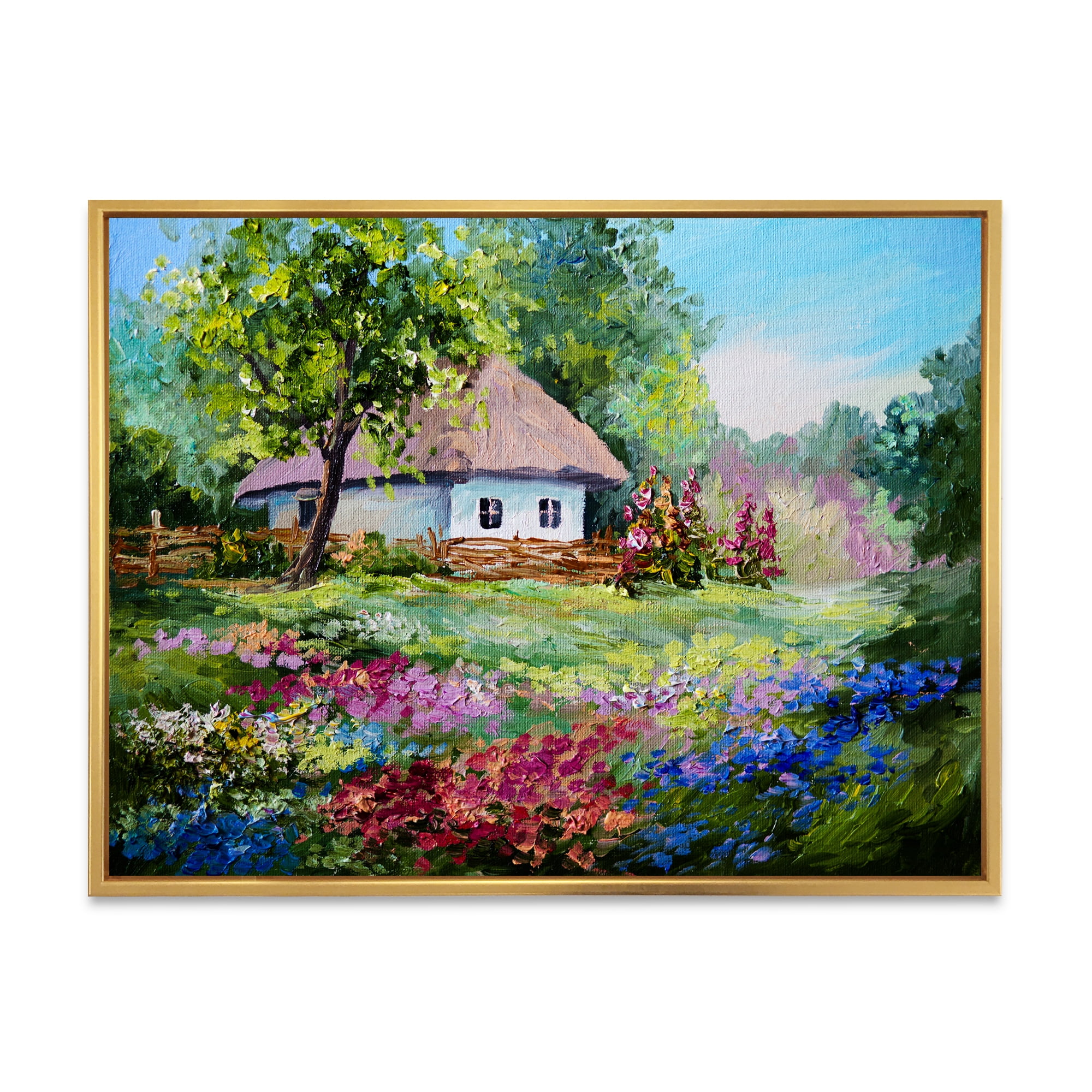 House With Blossoming Flowers On The Mountain I 40 in x 30 in Framed Painting Canvas Art Print, by Designart