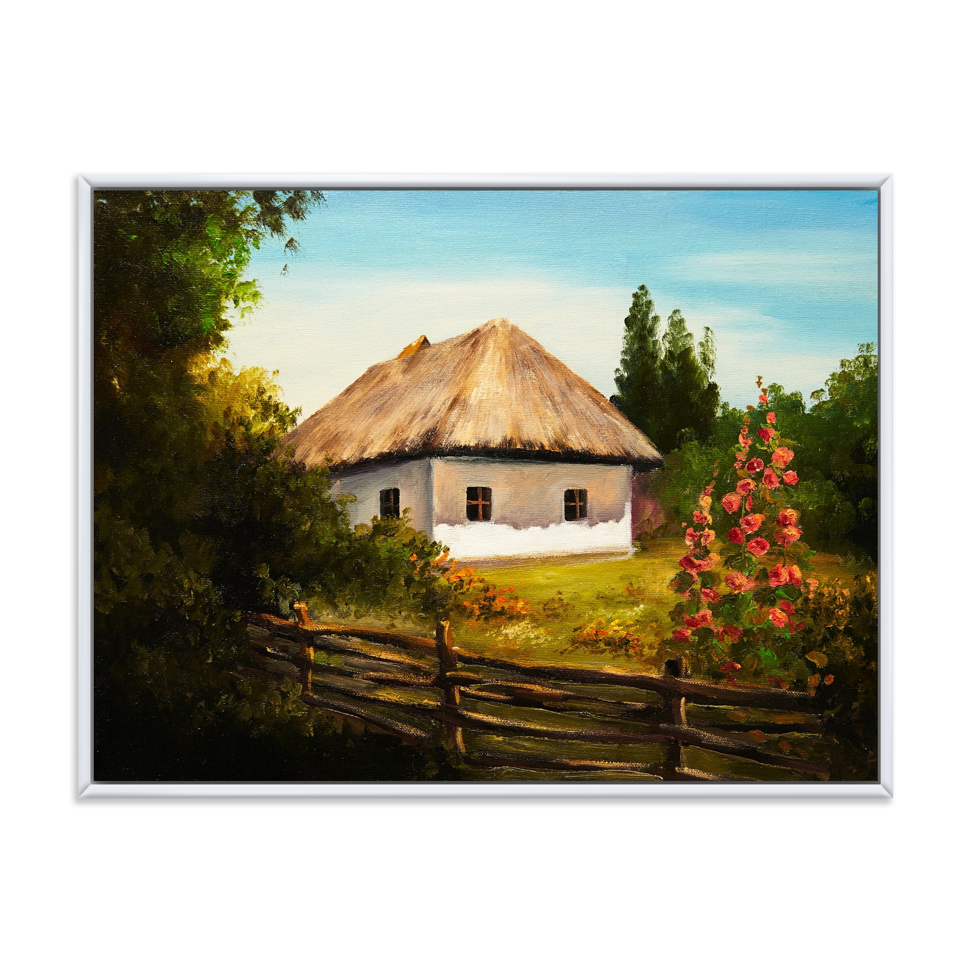 House With Blossoming Flowers On The Mountain II 20 in x 12 in Framed Painting Canvas Art Print, by Designart