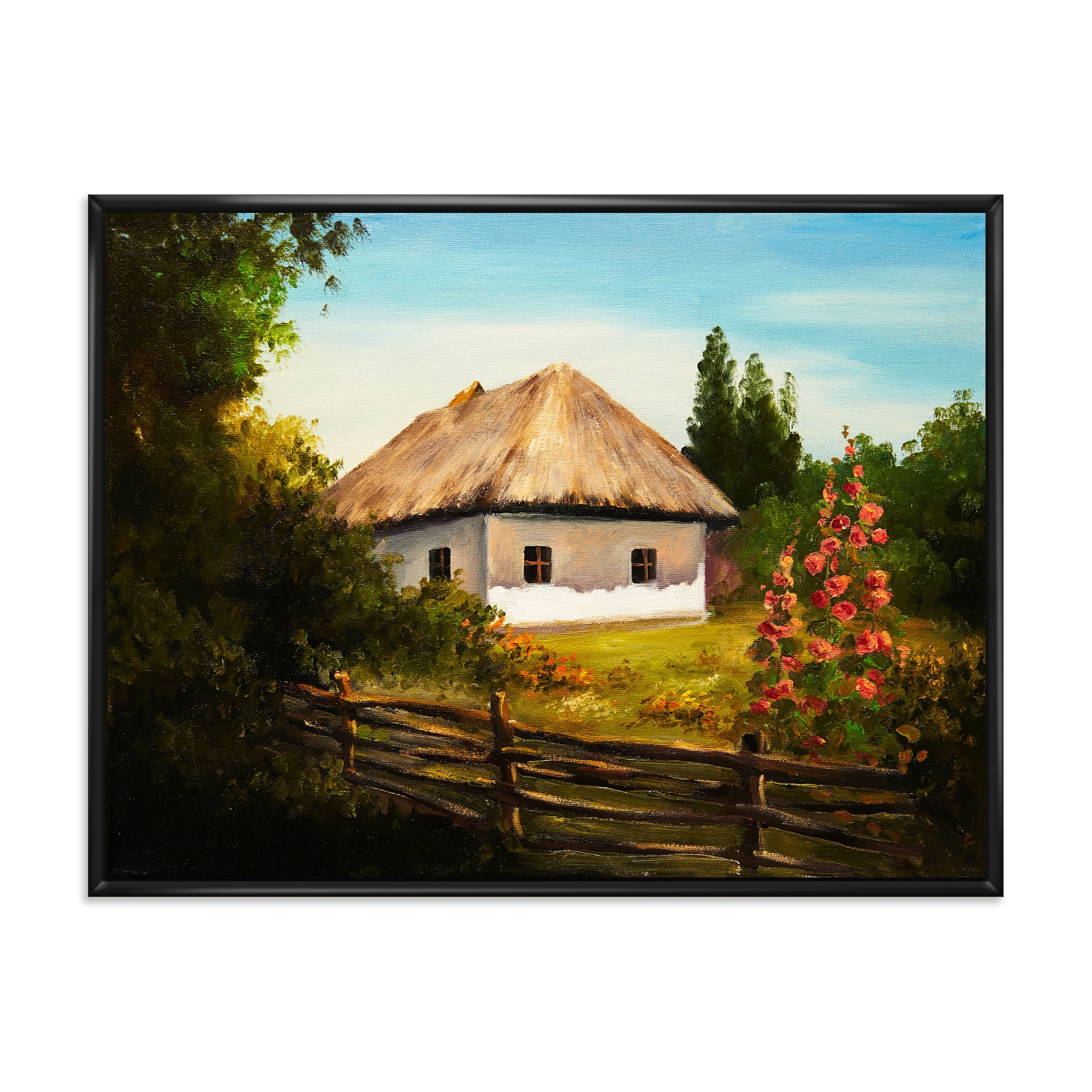 House With Blossoming Flowers On The Mountain II 32 in x 16 in Framed Painting Canvas Art Print, by Designart