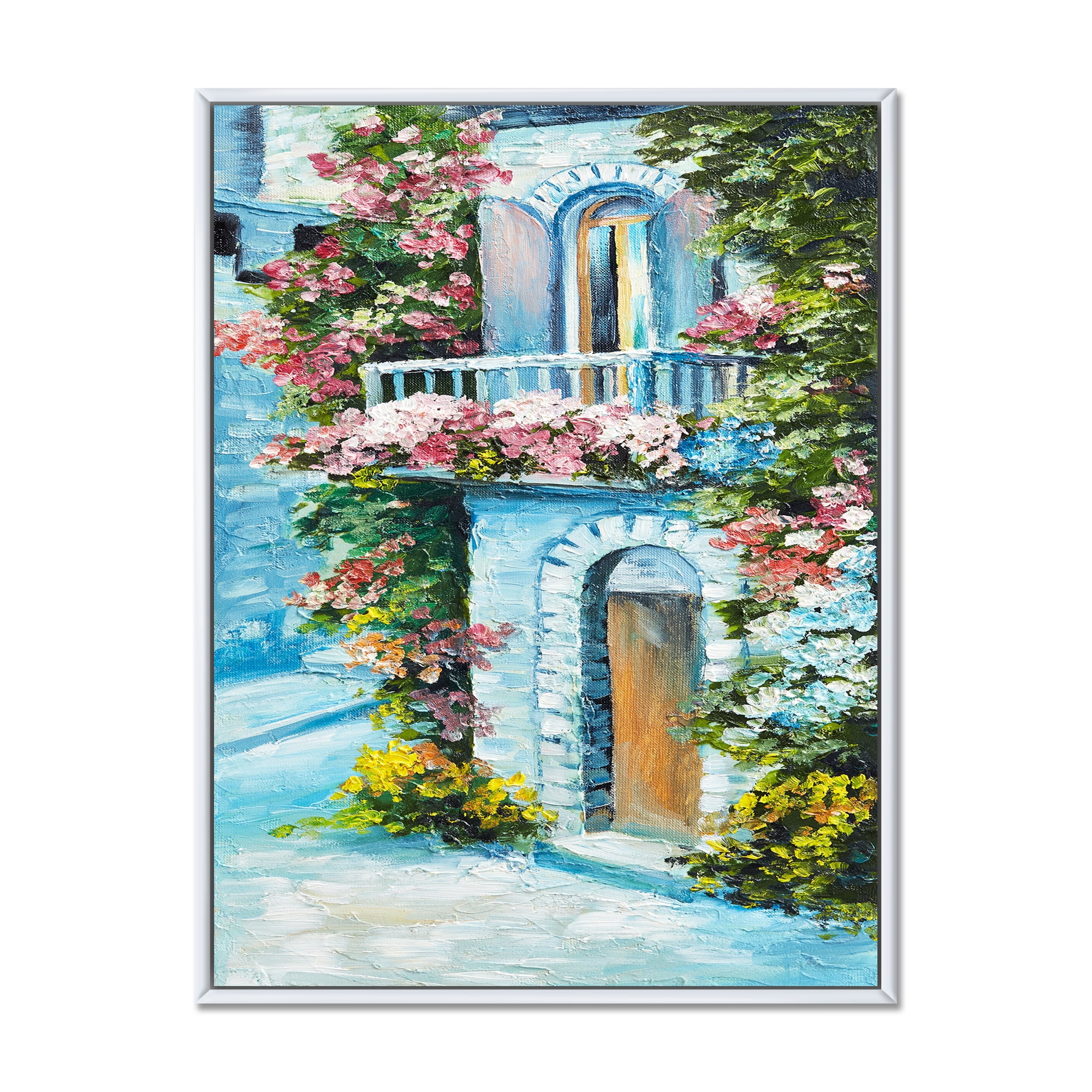 House With Colorful Flowers Near The Sea II 24 in x 32 in Framed Painting Canvas Art Print, by Designart