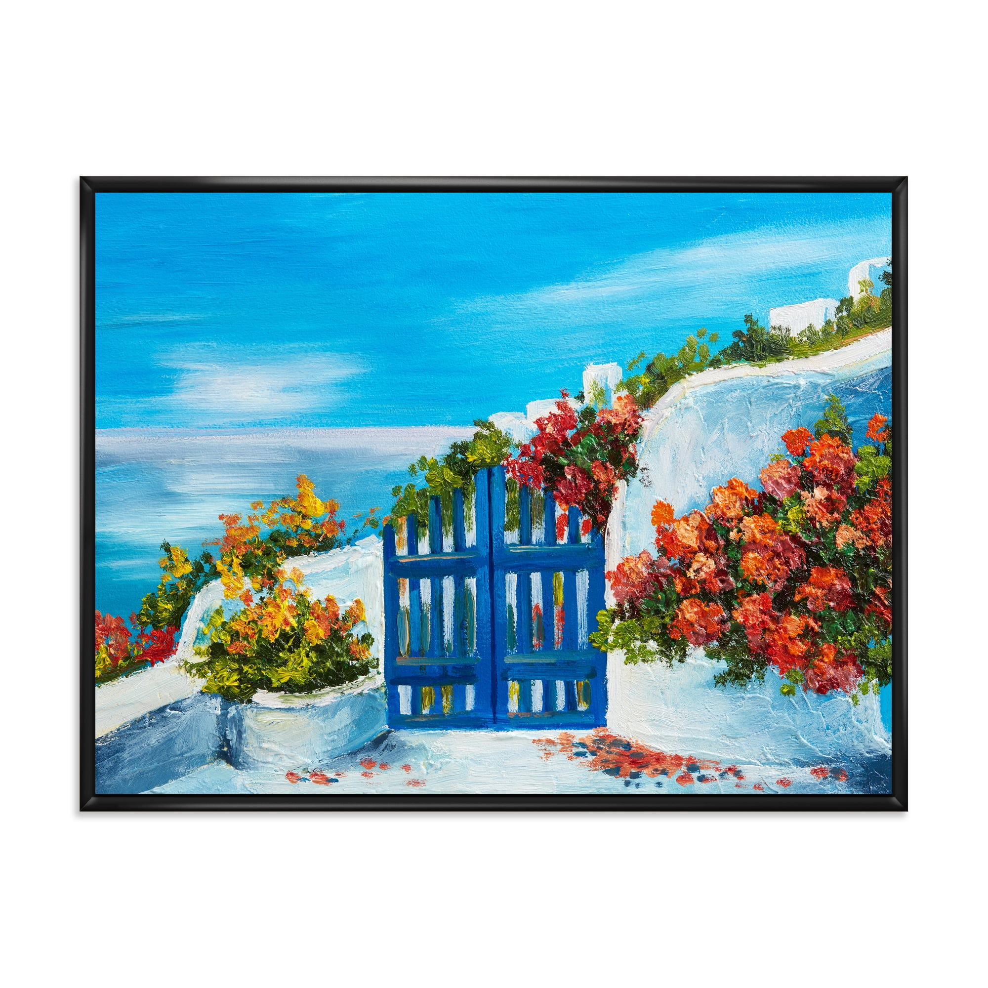 House With Colorful Flowers Near The Sea III 32 in x 16 in Framed Painting Canvas Art Print, by Designart