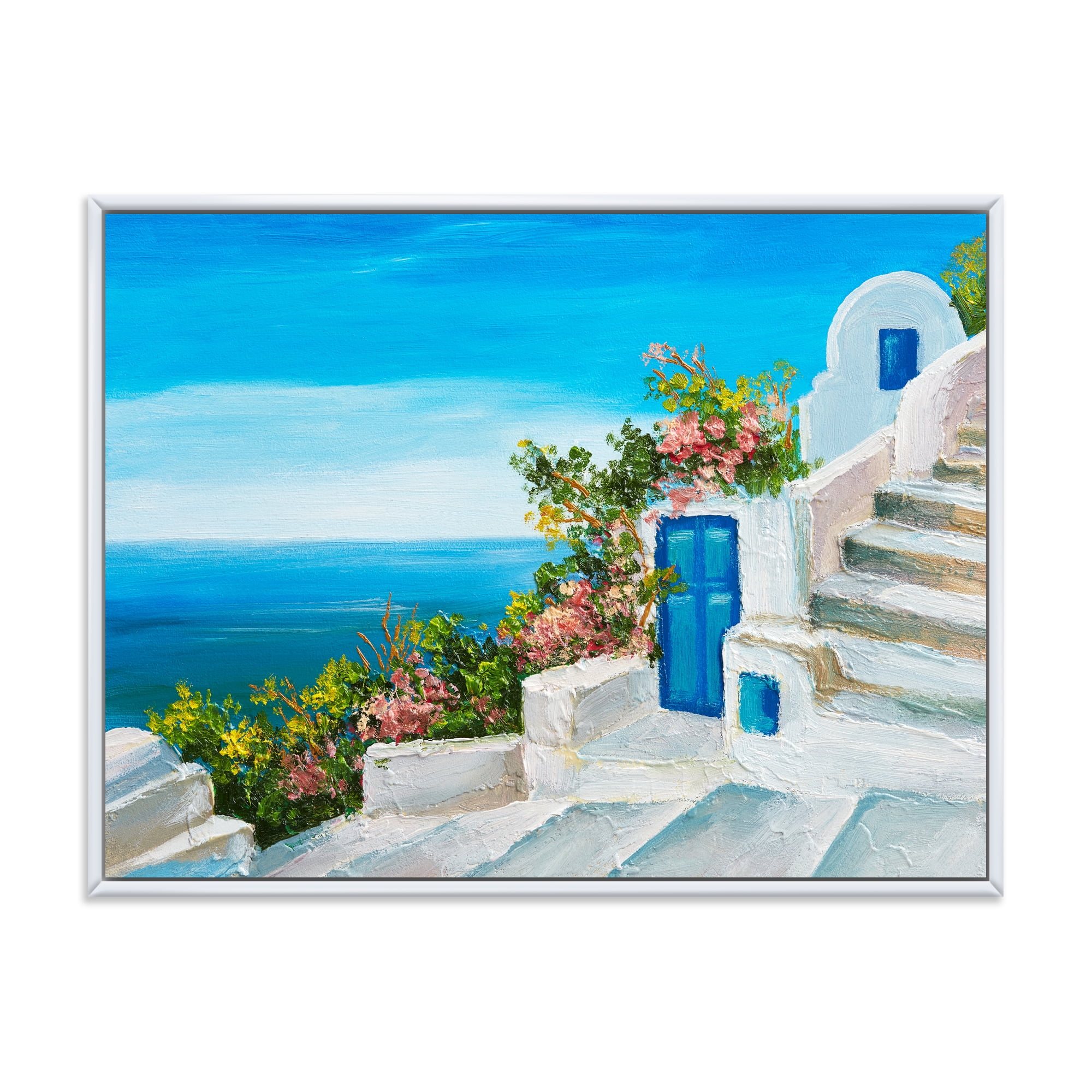 House With Colorful Flowers Near The Sea IV 32 in x 24 in Framed Painting Canvas Art Print, by Designart