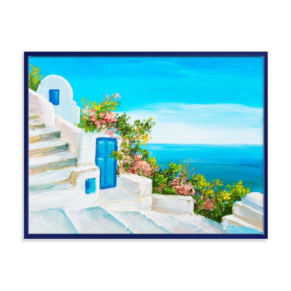 House With Colorful Flowers Near The Sea IV 40 in x 30 in Framed Painting Canvas Art Print, by Designart