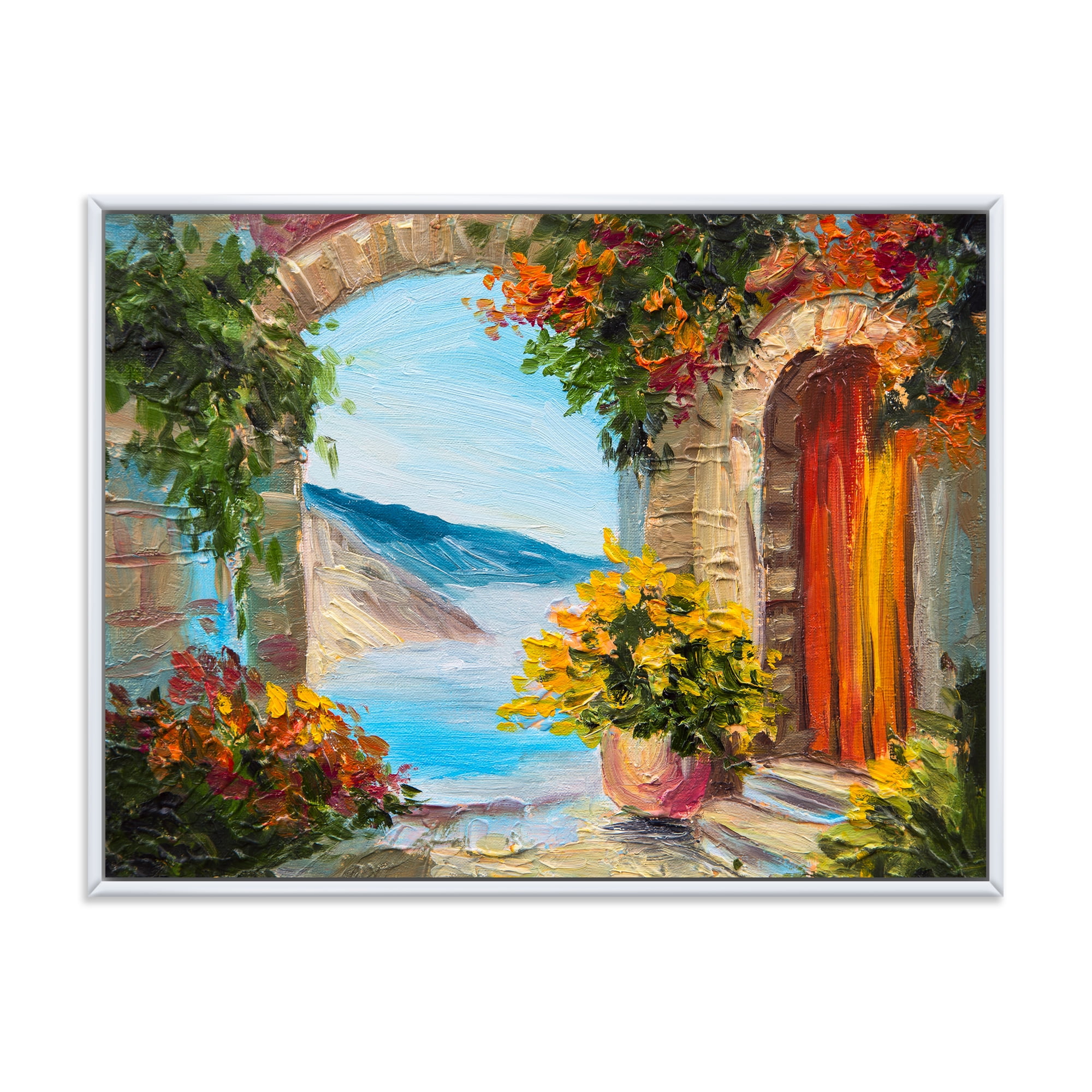 House With Colorful Flowers Near The Sea Summer Season 32 in x 24 in Framed Painting Canvas Art Print, by Designart