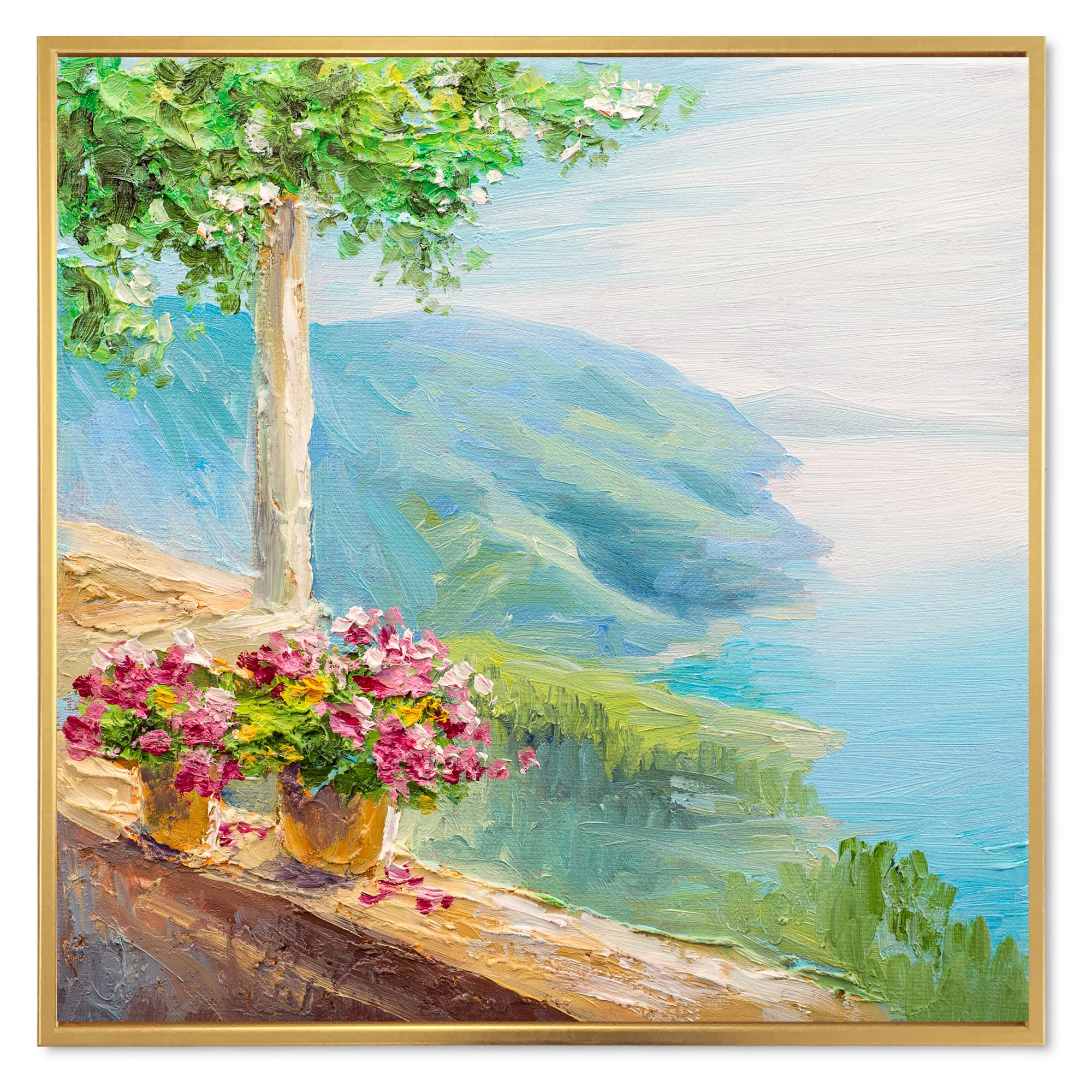 House With Colorful Flowers Near The Sea V 16 in x 16 in Framed Painting Canvas Art Print, by Designart