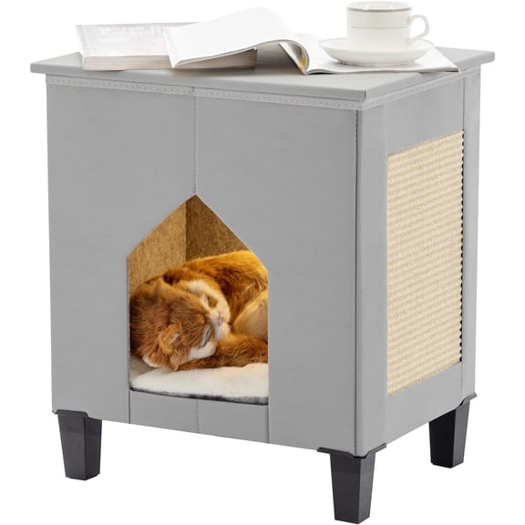 House for Indoor Cats Condo, Furniture with Large Area Scratch Pad,Leather  Bed Side Table & Nightstand for Living Room and Bedroom Decoration,Grey
