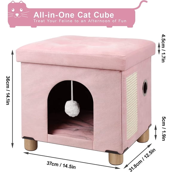 House for Indoor Cats, Pink Cave with Scratch Board, Ball & Ottoman, Foldable Design