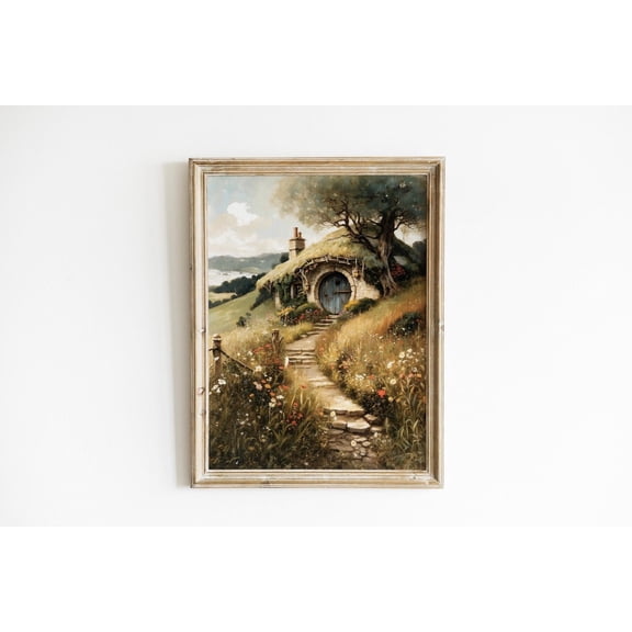 House in Fantasy Valley Landscape Flower Meadow High Fantasy Power Ring Art, Unframed Paper Poster 8x10in