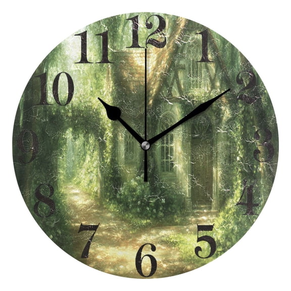 House in Forest Round Wall Clock Battery Operated Silent Non-Ticking Bedroom Office Kitchen Home School Decor 10"(Black)