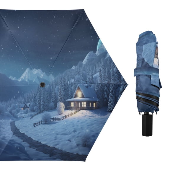 House in Snow Compact Sun Umbrella Windproof Travel Umbrellas for Rain Strong Portable UV Protection