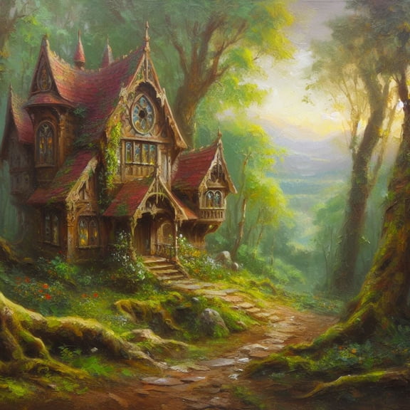 House in a Fantasy Forest Oil Painting - 12" x 18" Art Print Wall Decor