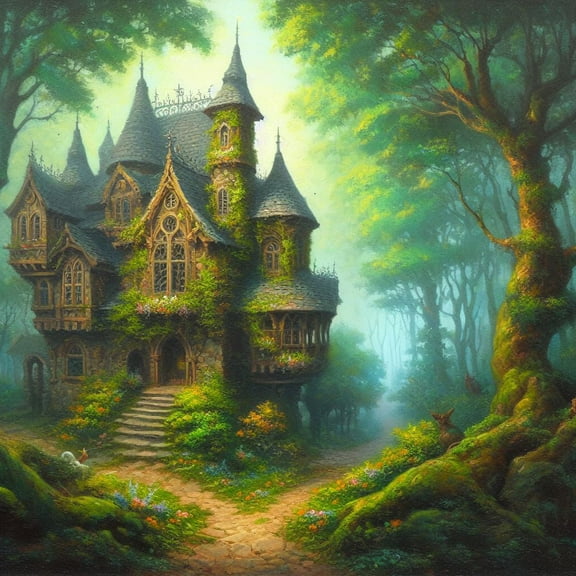 House in a Fantasy Forest Oil Painting II - 12" x 18" Art Print Wall Decor