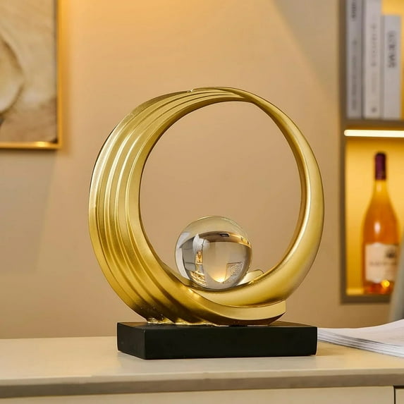 Modern Abstract Golden Resin Circle Crystal Ball Sculpture Elegant Decor