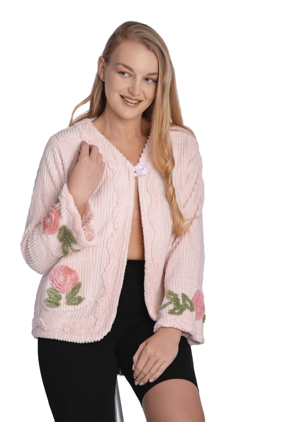 Floral Embroidered Chenille Bed Jacket (Pink, 3X)