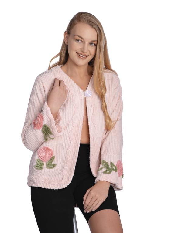 Floral Embroidered Chenille Bed Jacket (Pink, Small)