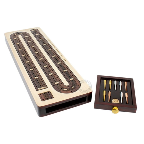 House of Cribbage - 3 Track Continuous Cribbage Board Inlaid in Rosewood - Maple Wood - Size: 12.5 Inches - Storage Drawer for Cribbage Pegs