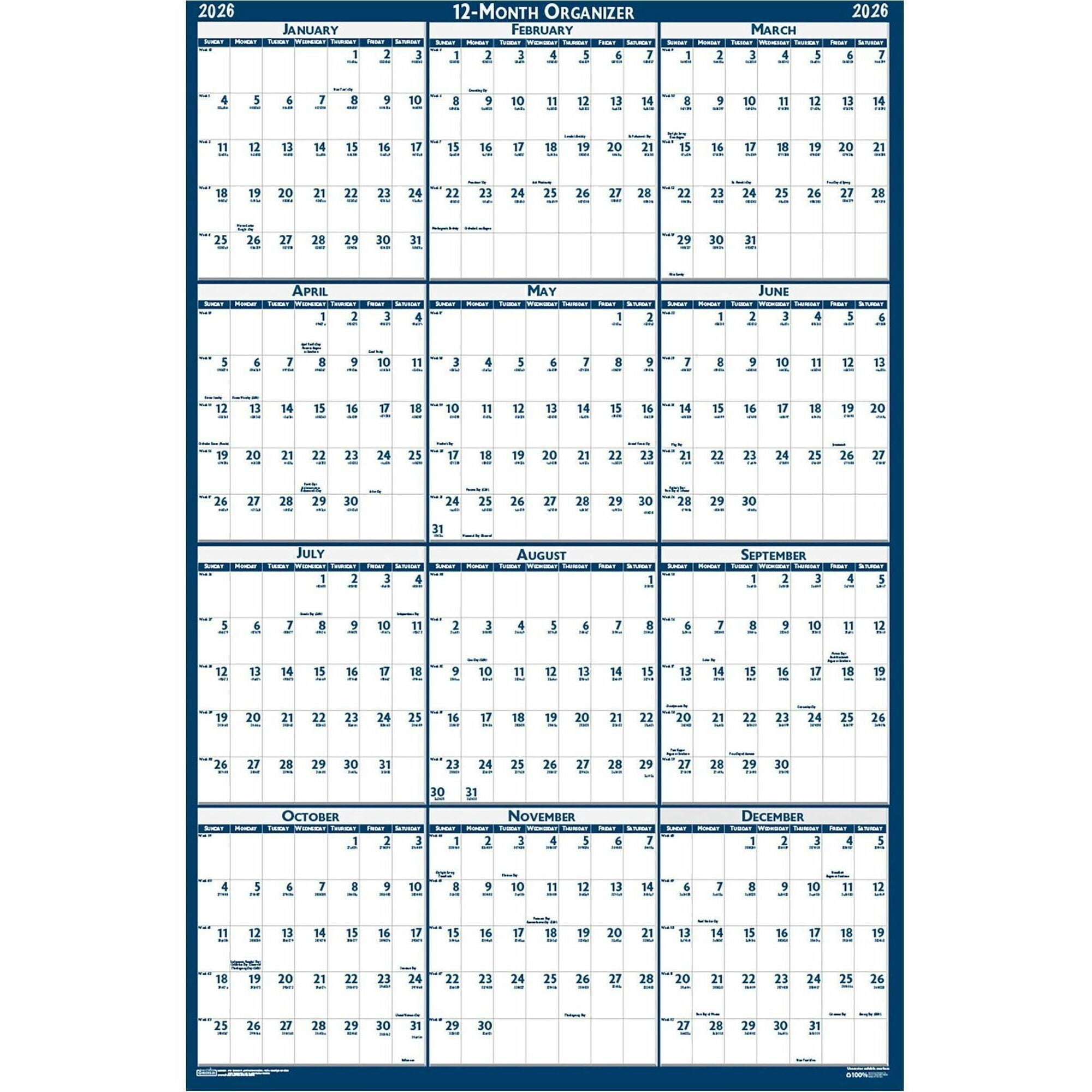 House of Doolittle 3962 66 x 33 12-Month (Jan-Dec 2025) Recycled Poster Style Reversible/Erasable Yearly Wall Calendar - White/Blue/Gray Sheets
