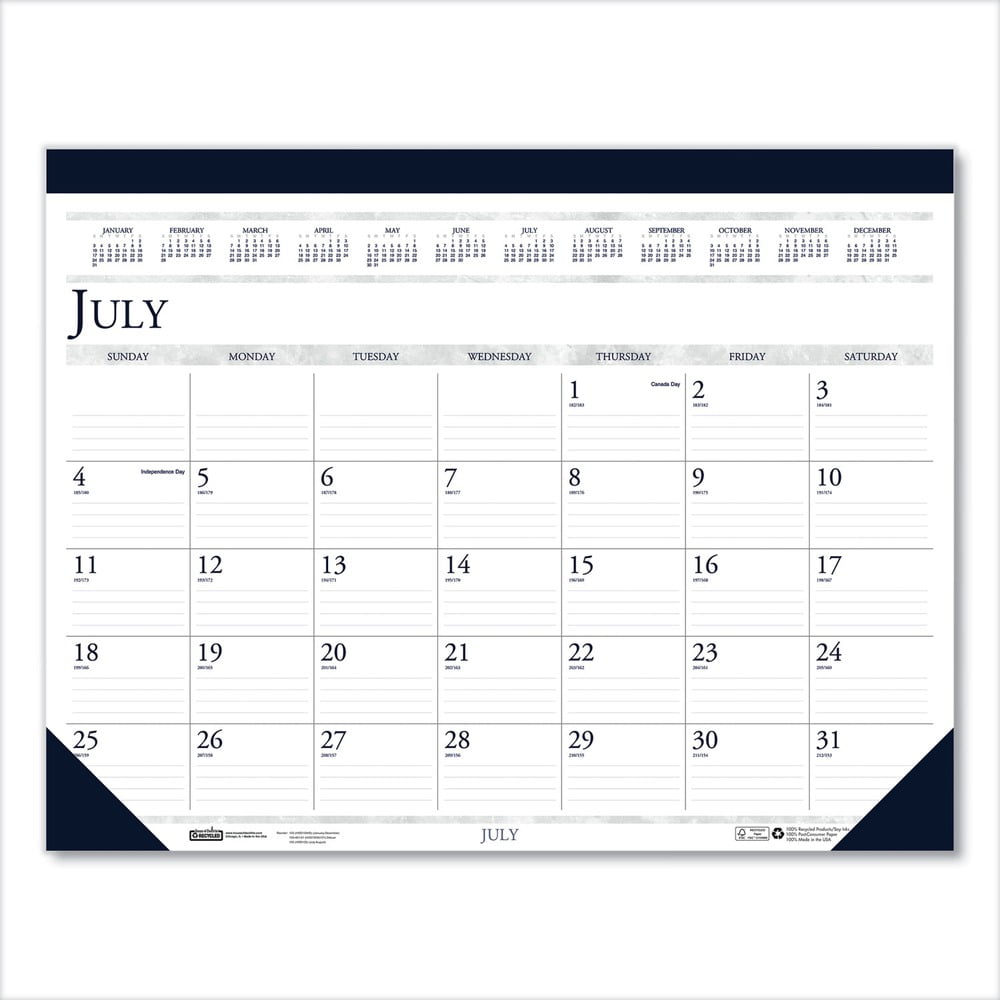 House of Doolittle 1556 14-Month (July to Aug): 2024 to 2025 18.5 in. x 13 in. Sheets Recycled Academic Desk Pad Calendar - White/Blue Sheets, Blue Binding/Corners