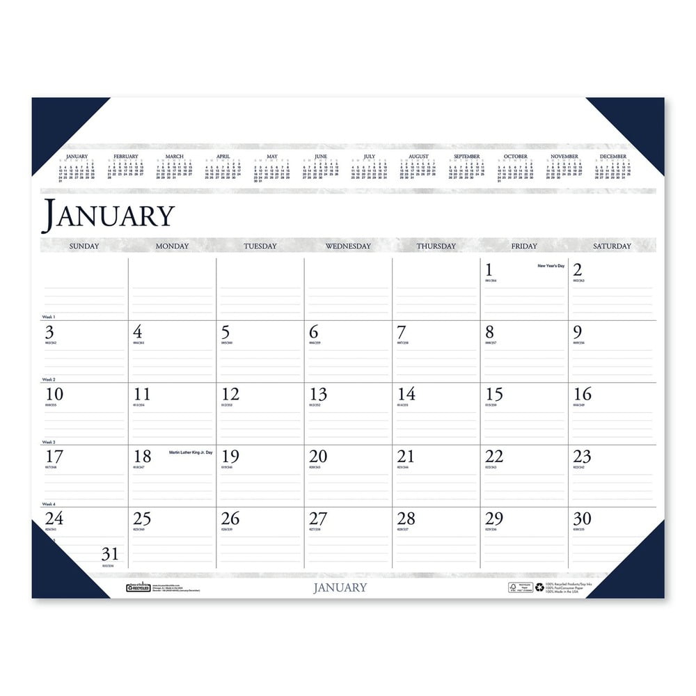 24 in. x 19 in. 12-Month (Jan to Dec) 2026 Executive Monthly Desk Pad Calendar - White/Blue Sheets/Blue Corners