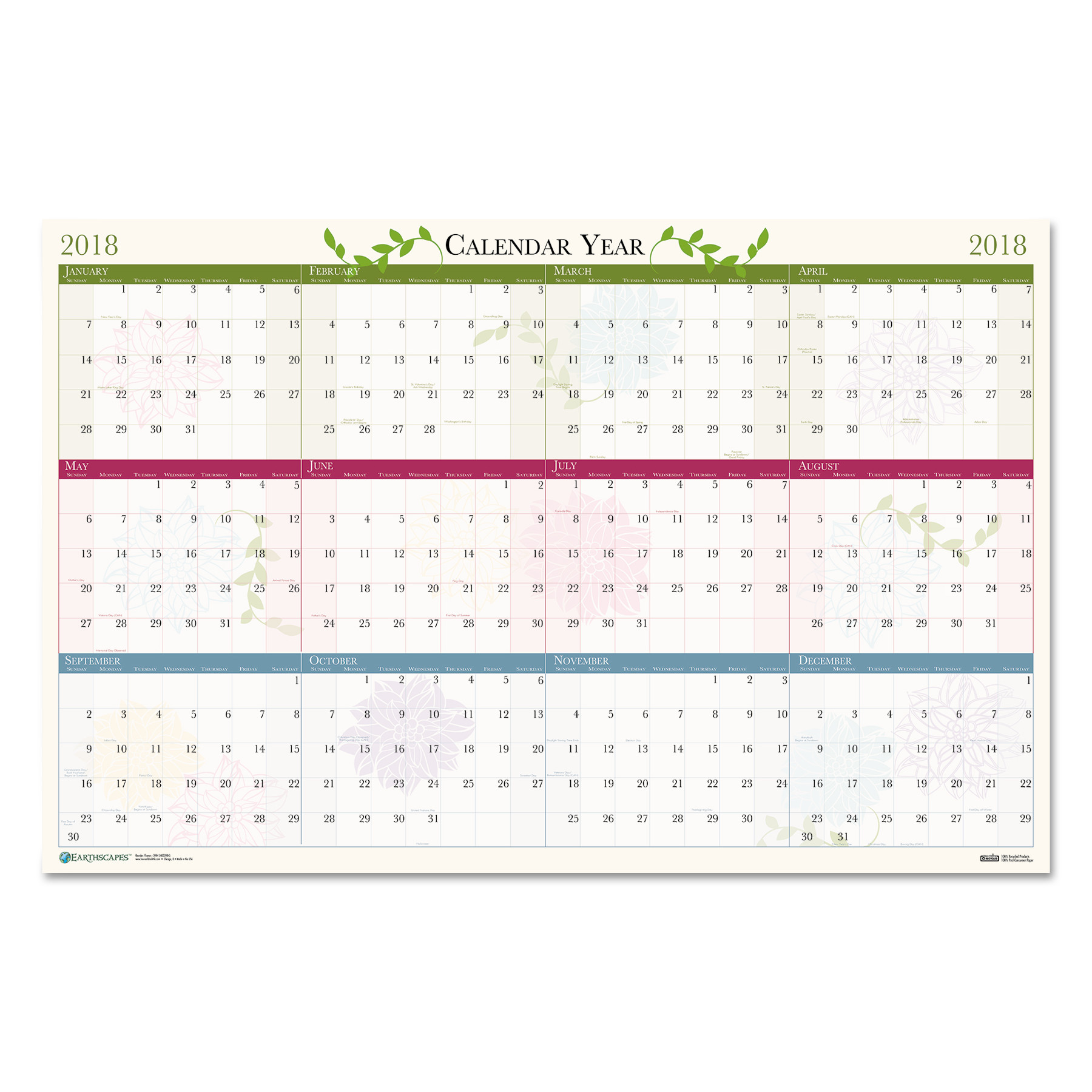 House of Doolittle Recycled Floral Reversible/Erasable Wall Calendar