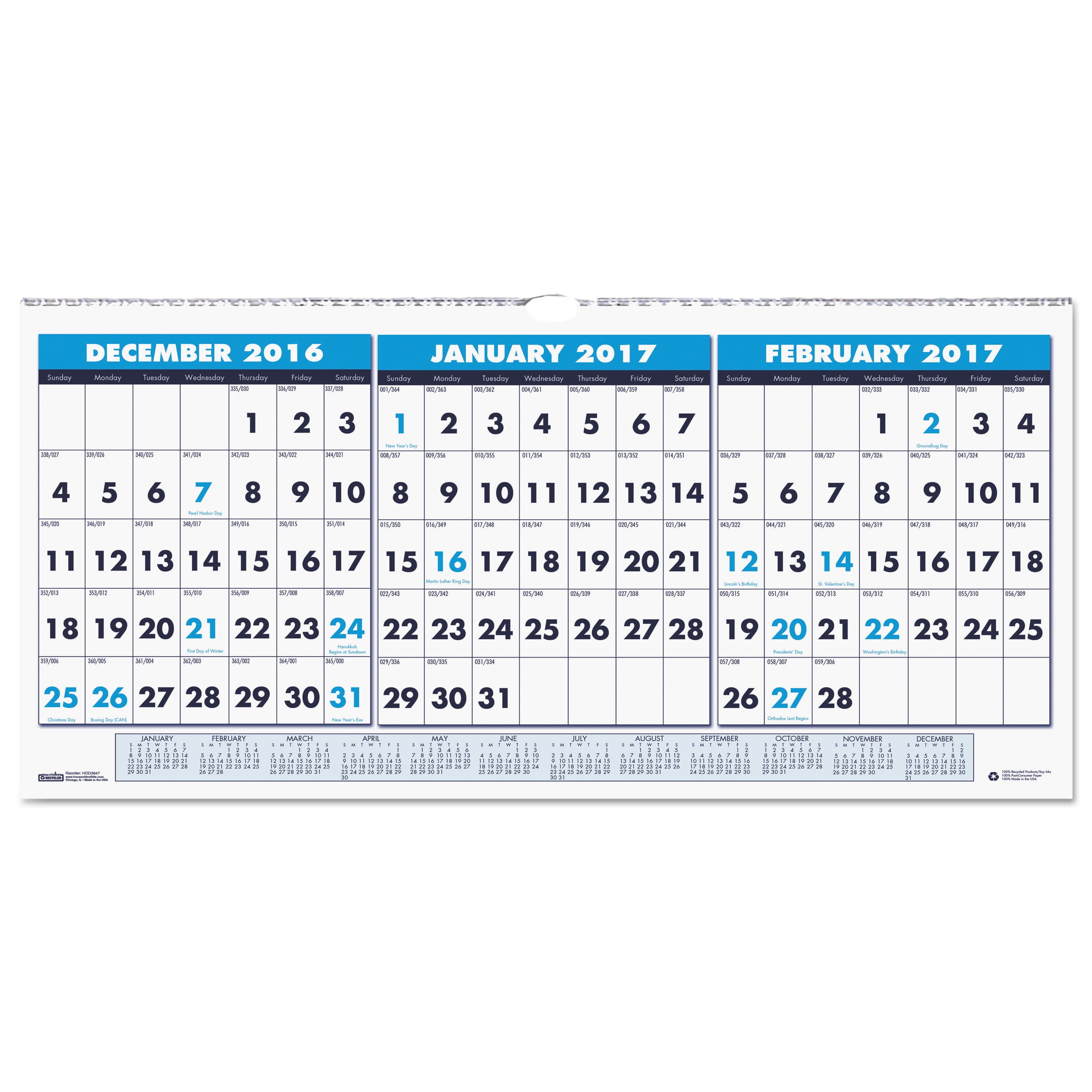 House of Doolittle Recycled Three-Month Horizontal Wall Calendar, 23 1/2 x 12, 14-Month, 2017-2019