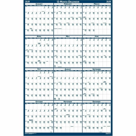 House of Doolittle 3960 12-Month (Jan to Dec): 2026 18 in. x 24 in. Recycled Poster Style Reversible/Erasable Yearly Wall Calendar - White/Blue/Gray Sheets