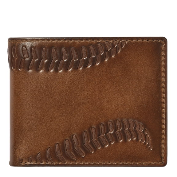 House of Jack Co. Baseball Wallet for Men, Leather Bifold with Two ID Windows, Full-Grain Cowhide Baseball Fan Gift, Brown Y101