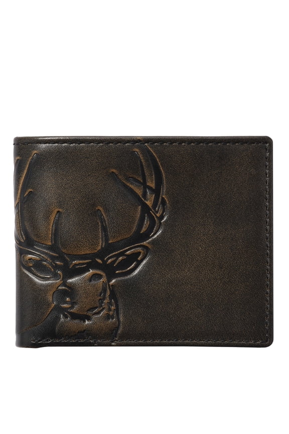 Co. Deer Bifold Wallet for Men with Two ID Windows, Camou Lined Hunting Wallet, Full Grain Cowhide Leather Wallet, Black Y101
