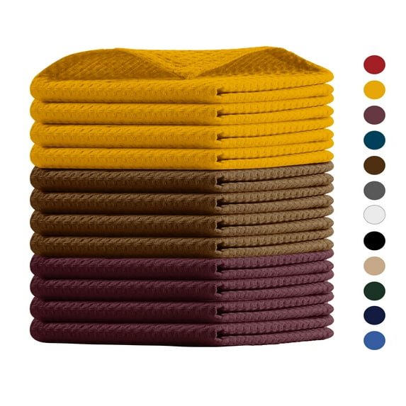 House of Orlo Cotton Multicolor Waffle Dish Cloth, 12 Pack, 12"x12", Burgundy-Brown-Mustard
