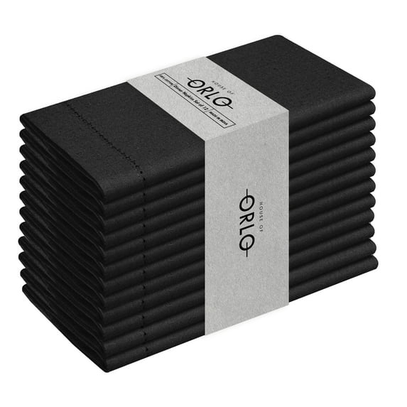 House of Orlo Hemstitched Cotton Napkins, 12 Pack, 18"x18", Black