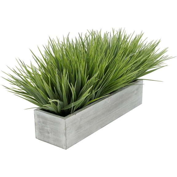 House of Silk Flowers Artificial Frosted Farm Grass in 15" Washed Wood Trough (Grey-Washed)