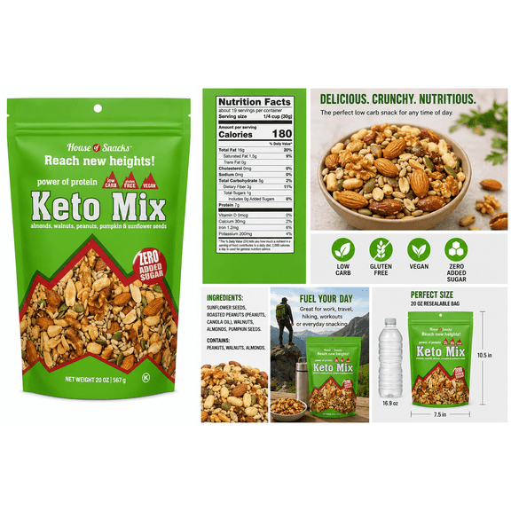 House of Snacks Keto Mix Low Carb Nut & Seed Snack Mix, Zero Added Sugar, Gluten Free, Vegan, 20 oz Resealable Bag