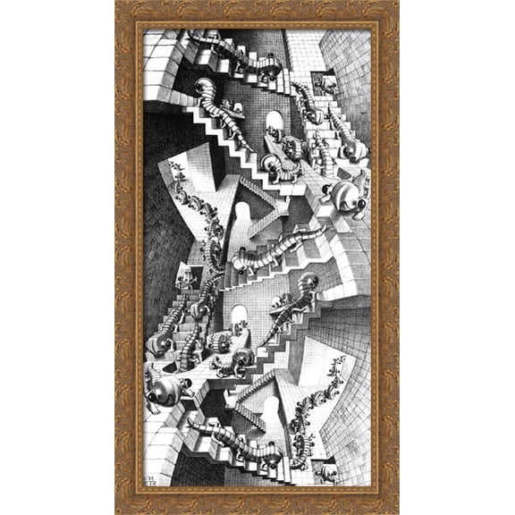 House of Stairs 22x40 Large Gold Ornate Wood Framed Canvas Art by M.C. Escher
