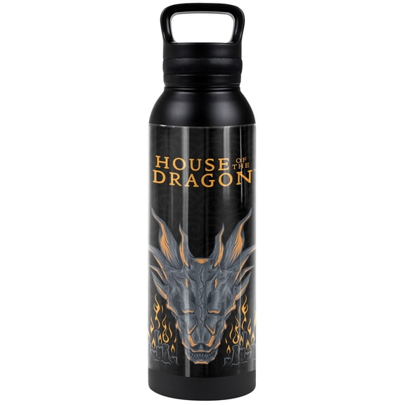House of The Dragon Official Skull Black 24 oz Insulated Canteen Water Bottle, Leak Resistant, Vacuum Insulated Stainless Steel with Loop Cap
