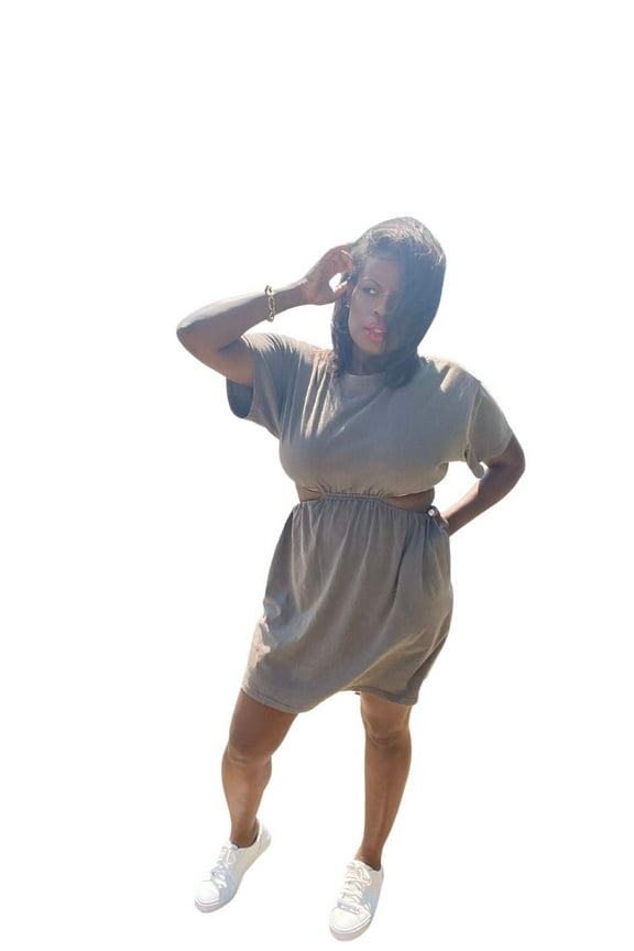 Soft T-shirt Midi Dress with Elastic Waistband, Side Cutouts and Pockets