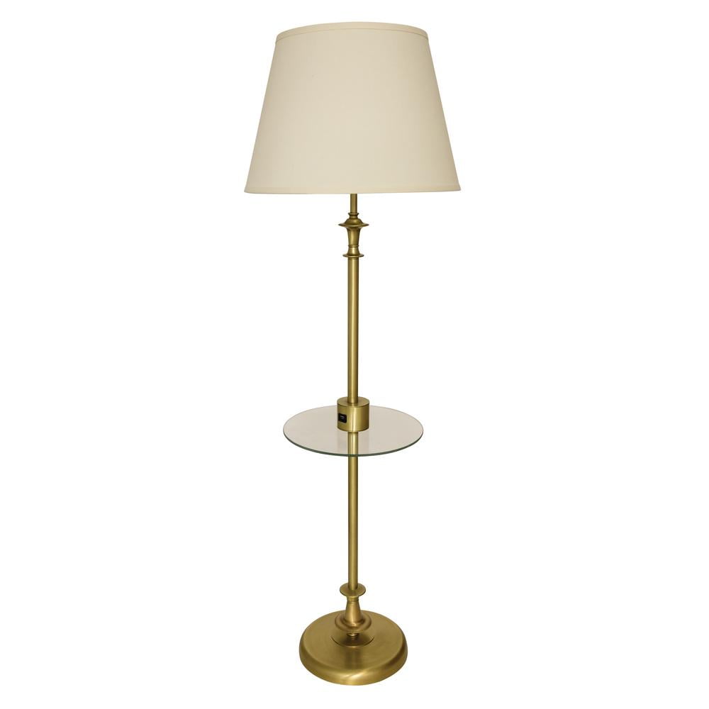 Antique Brass Floor Lamp with Off White Linen Shade and Glass Table