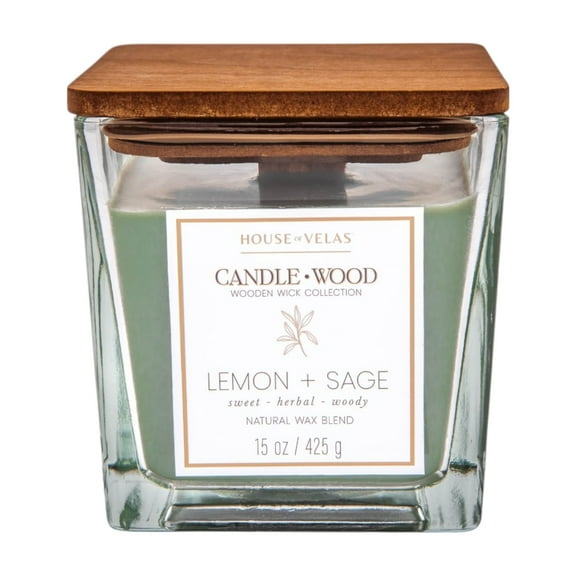 House of Velas Candle Wood Collection, 15 oz, 1 Wooden Wick, Lemon + Sage, Square Glass Jar Candle