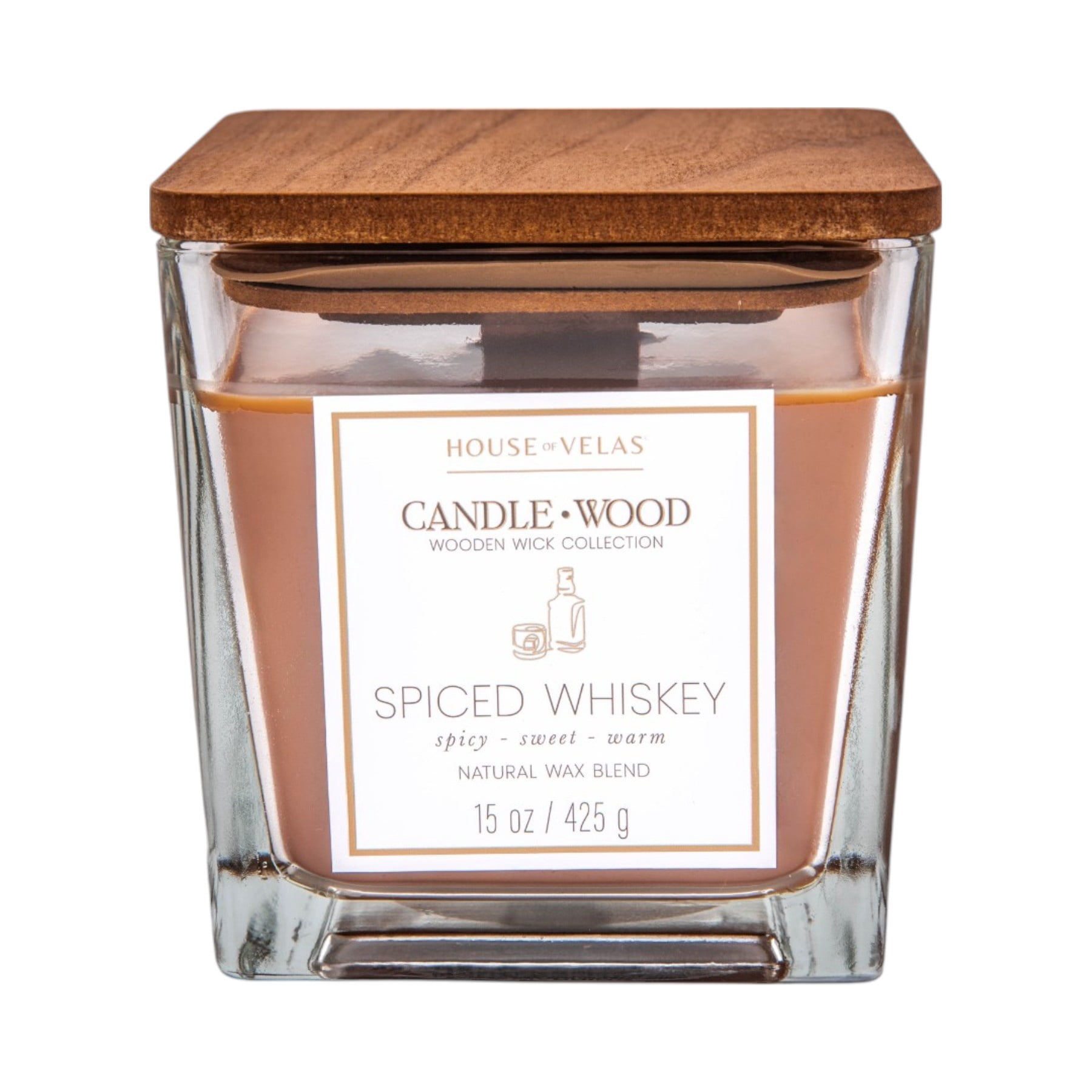 House of Velas Candle Wood Collection, 15 oz, 1 Wooden Wick, Spiced Whiskey, Square Glass Jar Candle