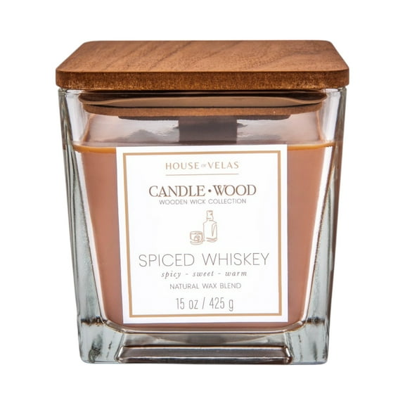 House of Velas Candle Wood Collection, 15 oz, 1 Wooden Wick, Spiced Whiskey, Square Glass Jar Candle