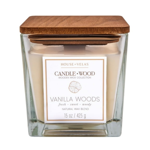 House of Velas Candle Wood Collection, 15 oz, 1 Wooden Wick, Vanilla Woods, Square Glass Jar Candle
