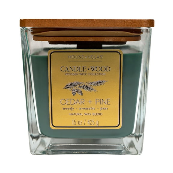 House of Velas Candle Wood Holiday Collection, 15 oz, 1 Wooden Wick, Cedar + Pine, Square Glass Jar Candle