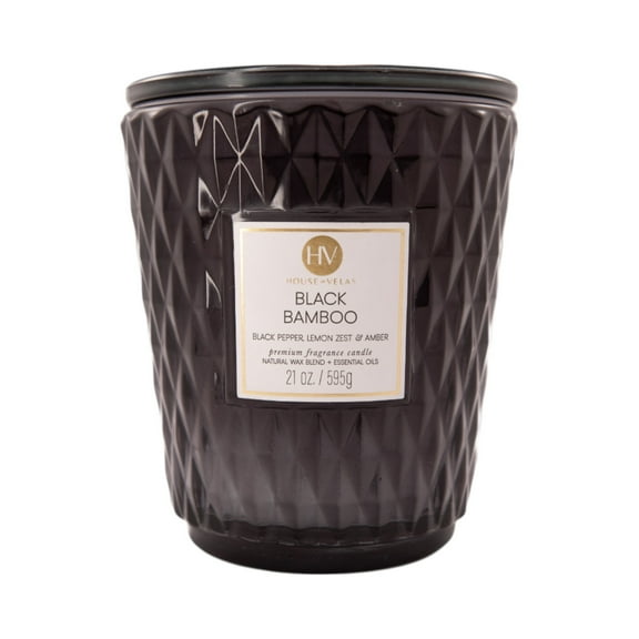 House of Velas Diamante Candle Collection, 21 oz, 3 Cotton Wicks, Black Bamboo, Large Glass Jar