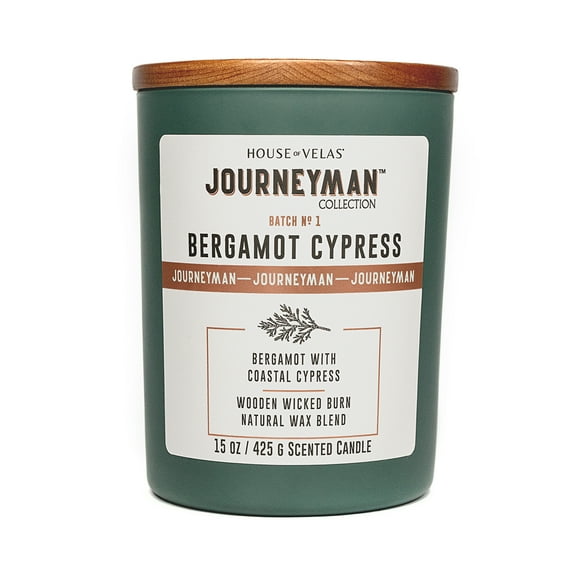 House of Velas, Journeyman Collection, Bergamot Cypress Scented Candle, 15oz, Wooden Wick